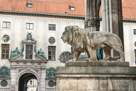 Statues of Lions on a Memorial in Munich, Germanyの写真素材
