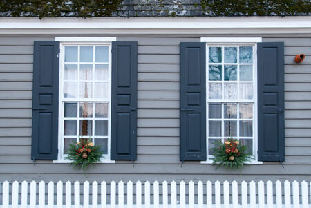 Windows decorated for the holidays at Colonial Williamsburg.