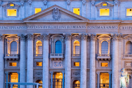Statue of Saint Paul the Apostle in front of the facade of St. Peter's Basilica III. Latin text reads in part: in honor of the Prince of the Apostles Paul V Borghese, Supreme Roman Pontiff, in the year 1612, the 7th year of his pontificateの写真素材