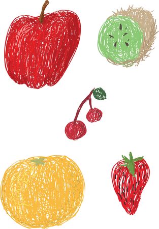 Loose drawings of various fruit including An apple, kiwi, orange, strawberry and cherries のイラスト素材