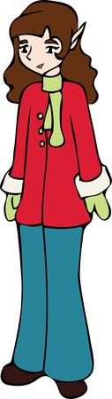 A christmas elf girl dressed up in a winter coat, mittens and scarf.のイラスト素材