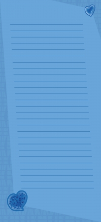 A vertical blue lined memo page with lines at a slight angle and heart embellishments.のイラスト素材