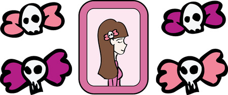 A set of four skull hair bows with a sample girl model. のイラスト素材