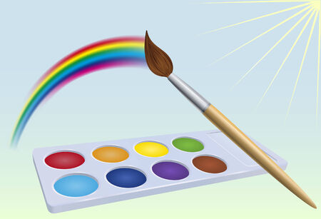 Brush moves along sky above colour-box and leave rainbow trace. illustrationのイラスト素材