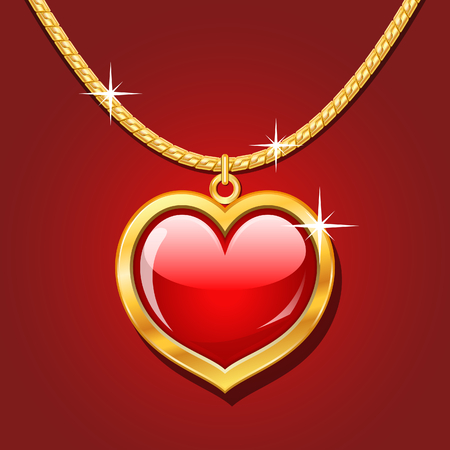 Golden necklace with glossy ruby heartのイラスト素材
