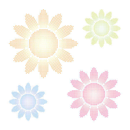 Set of colored halftone sun or sunflower shapes. Looks good on black tooのイラスト素材