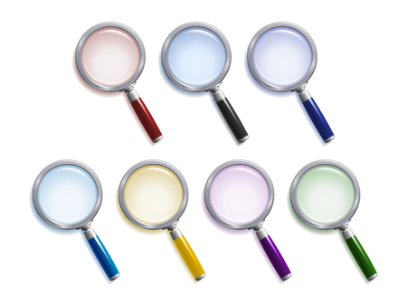 Set of  magnifying glasses with different colors of lenses, handles and shadowsのイラスト素材