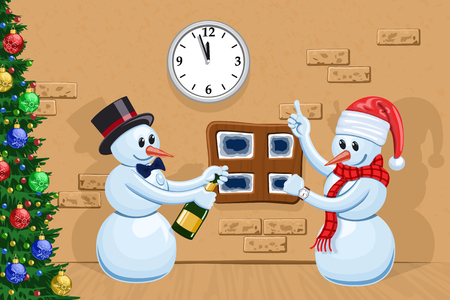 Two funny snowmen celebrate New Yearのイラスト素材