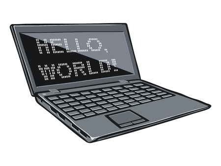 Cartoon illustration of laptop with text on its screenのイラスト素材