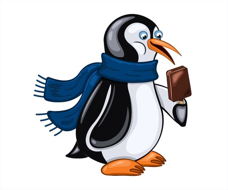 Joyful penguin holds chocolate ice cream in his wingのイラスト素材