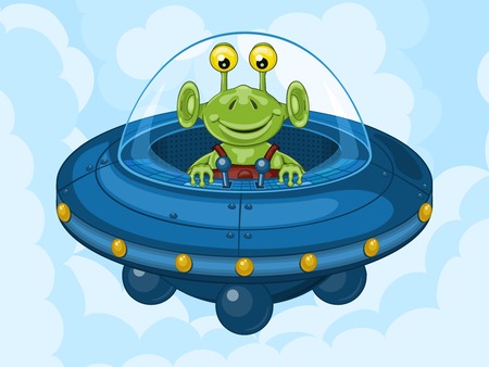 Smiling alien drives his UFO machine. Funny cartoon characterのイラスト素材