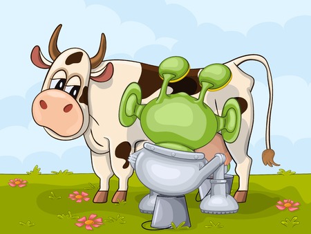 Funny cartoon alien is milking sitting on the reverse bucketのイラスト素材