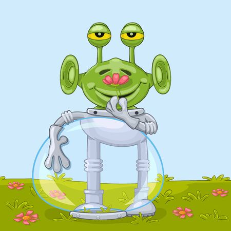 Funny cartoon alien with opened spacesuit helmet joyfully smells flower aromaのイラスト素材