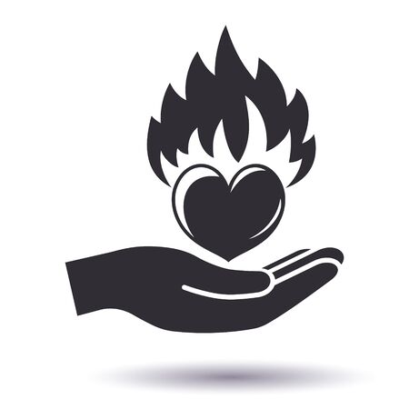 Flaming heart in hand. Passionate love concept iconのイラスト素材