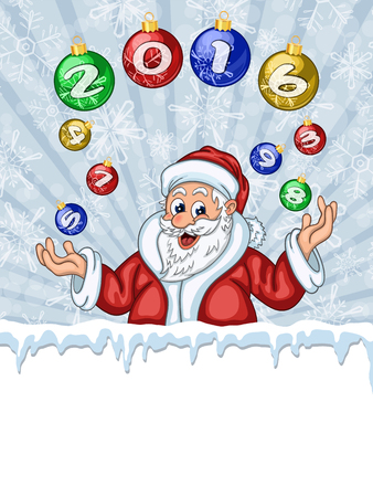 Funny Santa Claus juggling Christmas Tree decoration with 2016 numbers. With area for textのイラスト素材