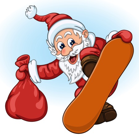 Funny cartoon Santa Claus with gift bag in one hand makes breathtaking jump on the snowboardのイラスト素材