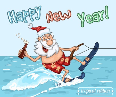 Cartoon Santa Claus  rides on the sea surface on  water skis. New Year's greeting card from warm seasのイラスト素材