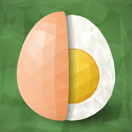 Abstract egg with polygonal surface on triangular green background. Half of boiled egg and eggshell.のイラスト素材