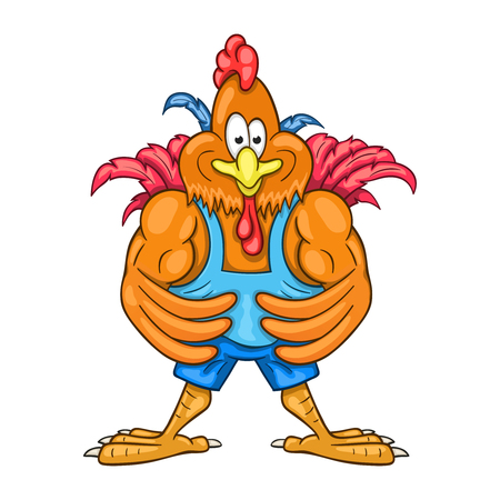 Strong rooster-bodybuilder shows his huge arm muscles. Funny cartoon characterのイラスト素材