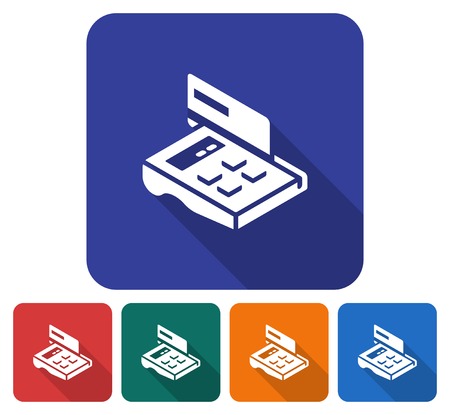 Rounded square icon of POS-terminal with credit card. Flat style illustration with long shadow in five variants background colorのイラスト素材