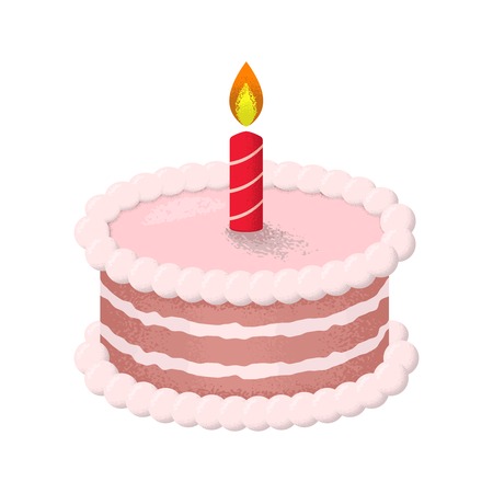 Illustration of creamy cake with flaming candle. Isolated on whiteのイラスト素材