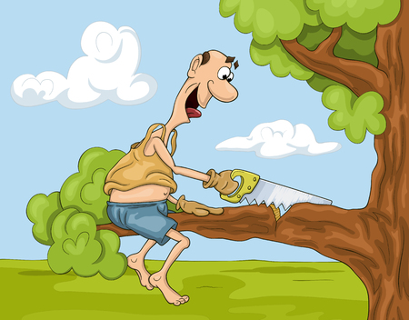 Funny and  not very clever cartoon man is sawing a tree brunch he is sitting onのイラスト素材