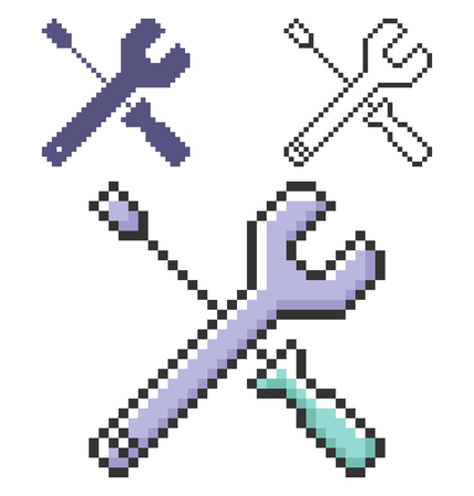 Pixel icon of screwdriver with spanner in three variants. Fully editableのイラスト素材