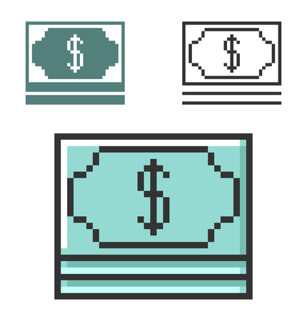 Pixel icon of  banknotes pack in three variants. Fully editableのイラスト素材