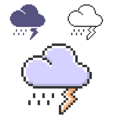 Pixel icon of thunderstorm in three variants. Fully editableのイラスト素材