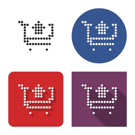 Dotted icon of  shopping trolley with outgoing arrow (remove from cart) in four variants. With short and long shadowのイラスト素材