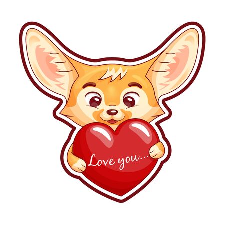 Cute enamoured fennec fox holds big cartoon heart with 'Love you' inscription. Amusing kawaii cartoon character with edge-point linking of whole image for using as a sticker, etc. Funny emotion, feeling and face expressionのイラスト素材