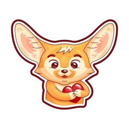 Enamoured fennec fox presses paws to his breast in heart area. Passion cartoon heart beats under paws. Amusing kawaii cartoon character with edge-point linking of whole image for using as a sticker, etc. Funny emotion, feeling and face expressionのイラスト素材