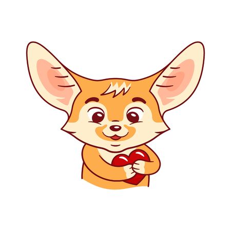 Enamoured fennec fox presses paws to his breast in heart area. Passion cartoon heart beats under paws. Cute kawaii cartoon character. Funny emotion, feeling and face expressionのイラスト素材