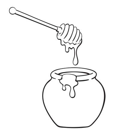 Black and white illustration of cartoon pot of honey with dipperのイラスト素材