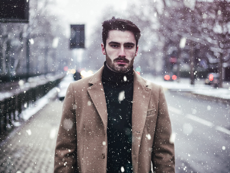 Handsome young man standing outside in winter, in snowy city. Cold urban settingの写真素材