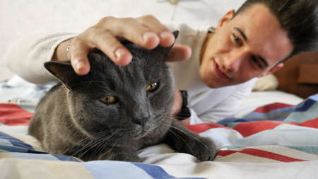 Handsome Young Man Cuddling his Gray Cat Petの写真素材