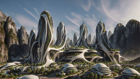 Landscape of a sci-fi futuristic alien-city in nature at dusk - Generative AI Illustrationの素材