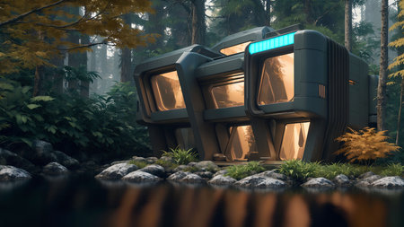 Illustration of a sci-fi futuristic cyberpunk house in the maple forest by the river - Generative AIの素材