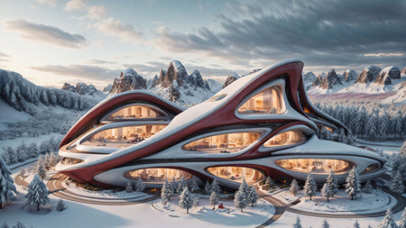 Landscape of a sci-fi futuristic architecture style village in a winter wonderland, surrounded by lush pine vegetation and mountainous terrain, at dusk  - Generative AIの素材