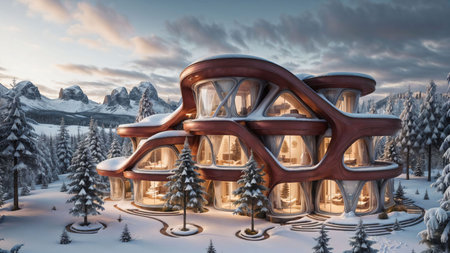 Landscape of a sci-fi futuristic architecture style village in a winter wonderland, surrounded by lush pine vegetation and mountainous terrain, at dusk  - Generative AIの素材