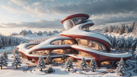 Landscape of a sci-fi futuristic architecture style village in a winter wonderland, surrounded by lush pine vegetation and mountainous terrain, at dusk  - Generative AIの素材