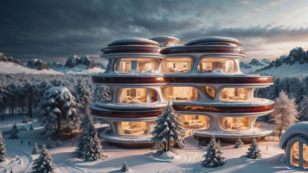 Landscape of a sci-fi futuristic architecture style village in a winter wonderland, surrounded by lush pine vegetation and mountainous terrain, at dusk  - Generative AIの素材
