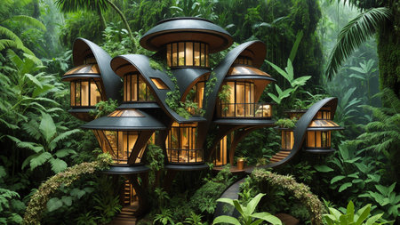 Landscape of an organic architecture style futuristic sci-fi village in the tropical rainforest - Generative AI Illustrationの素材