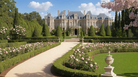 Illustration of an Romantic style mansion in a rose garden on a summer day - AI Generatedの素材