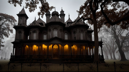 Illustration of an Art Nouveau style witch's mansion in the cemetery at night - AI Generatedの素材