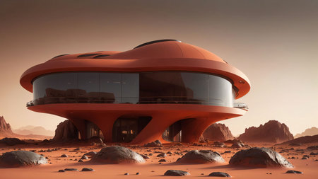 Landscape of a sci-fi futuristic cyberpunk house on the surface of planet Mars at dusk - Generative AI Illustrationの素材