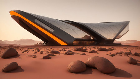Landscape of a sci-fi futuristic cyberpunk house on the surface of planet Mars at dusk - Generative AI Illustrationの素材