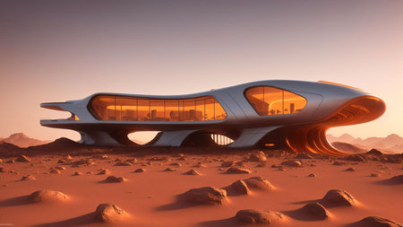 Landscape of a sci-fi futuristic cyberpunk house on the surface of planet Mars at dusk - Generative AI Illustrationの素材