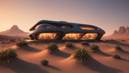 Landscape of a sci-fi futuristic cyberpunk house on the surface of planet Mars at dusk - Generative AI Illustrationの素材