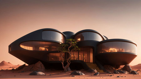 Landscape of a sci-fi futuristic cyberpunk house on the surface of planet Mars at dusk - Generative AI Illustrationの素材